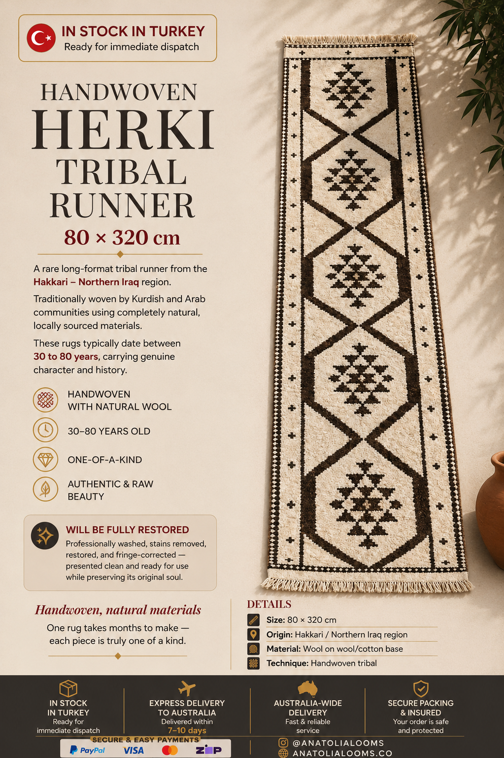 80 × 320 cm | Handmade Herki Tribal Runner