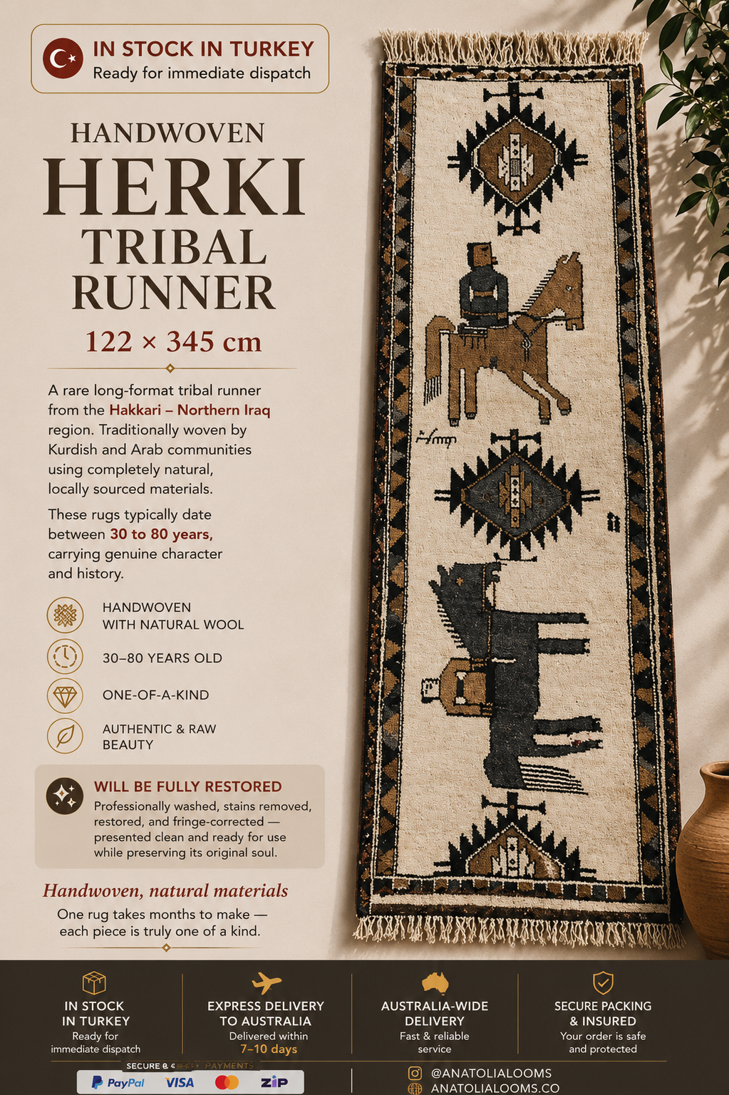 122 × 345 cm | Handmade Kurdish Figurative Tribal Runner