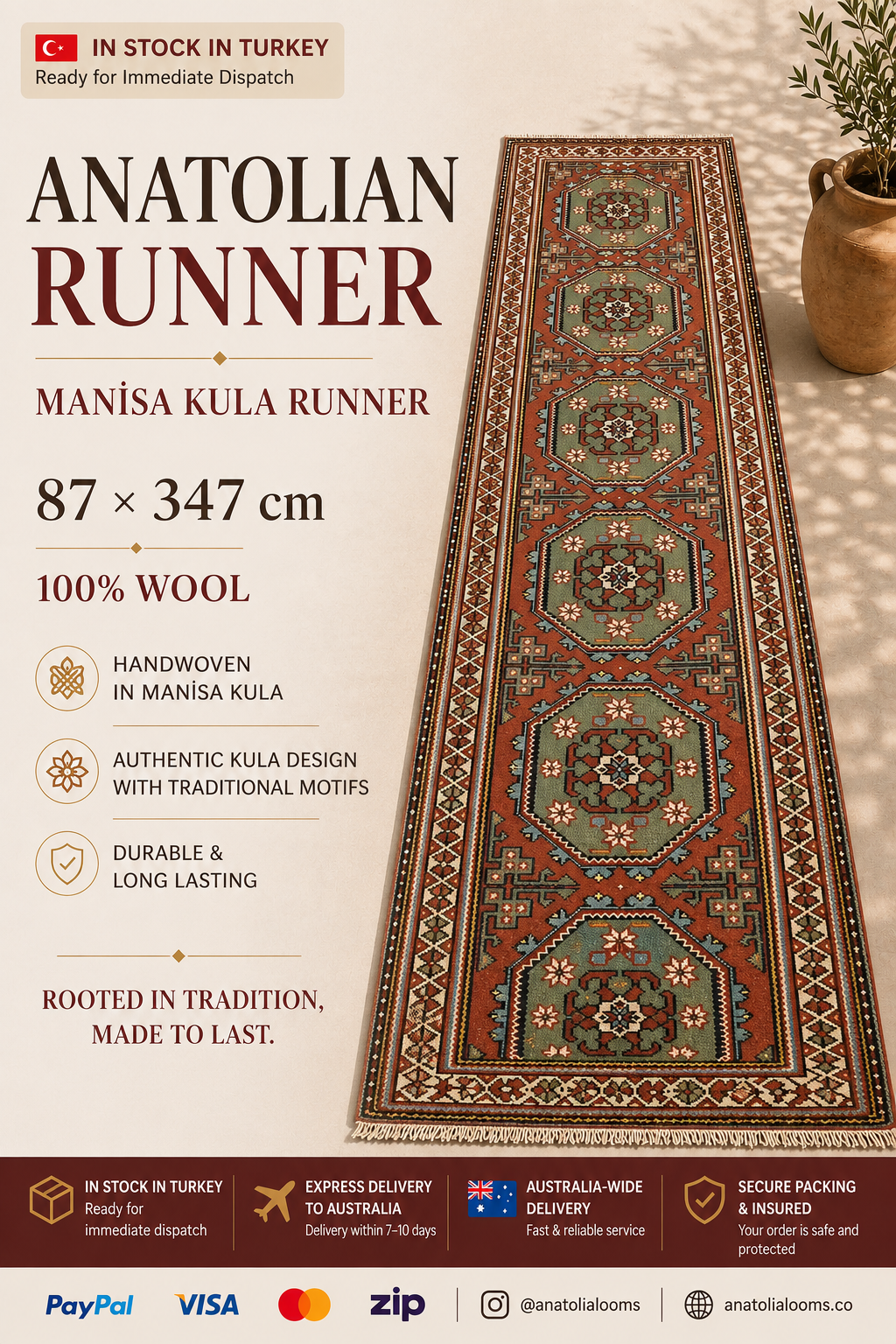 Manisa Kula Runner Rug – 87 × 347 cm | Handmade Turkish Wool Runner