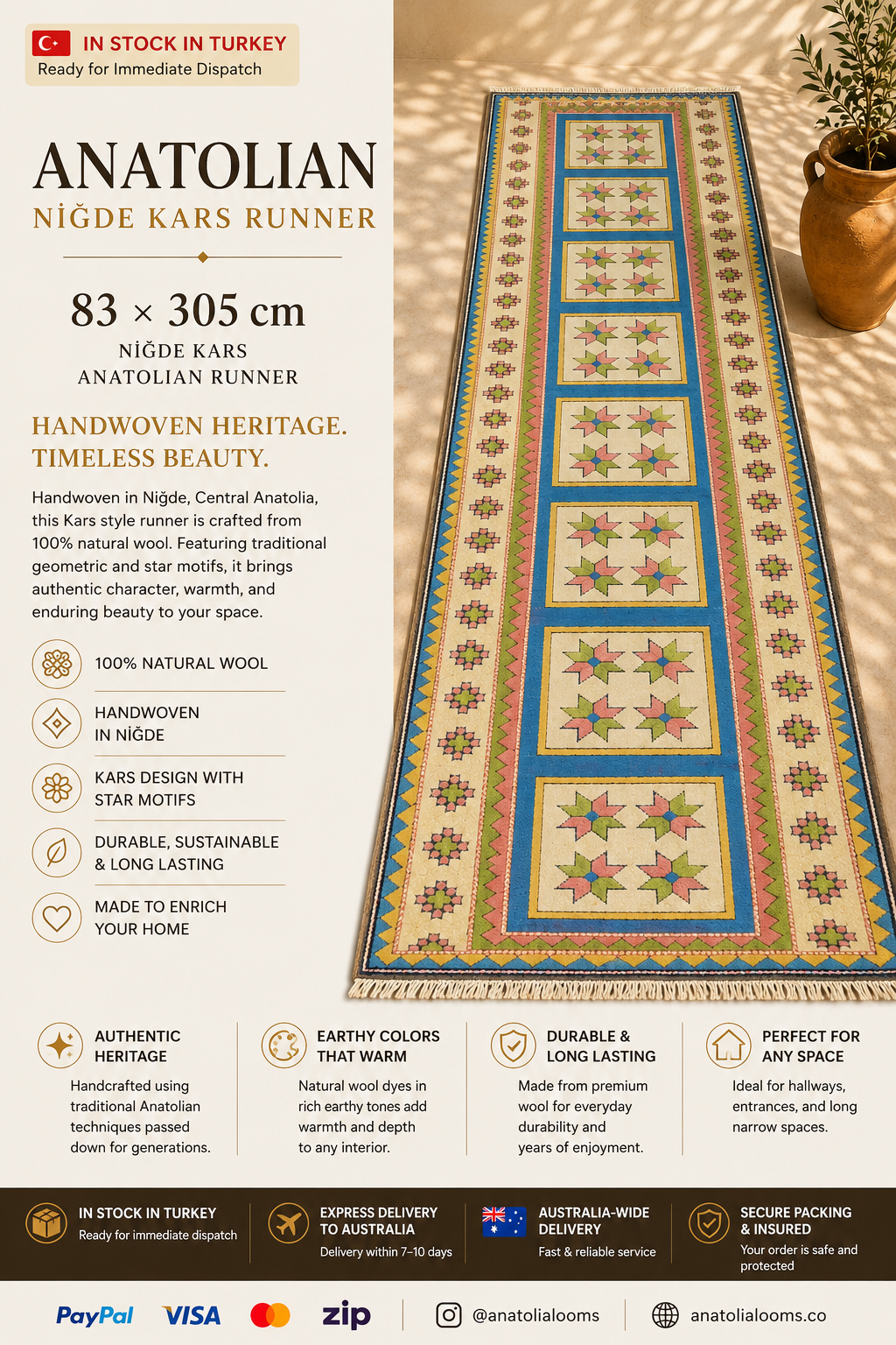 83 × 305 cm | Handmade Turkish Wool Runner