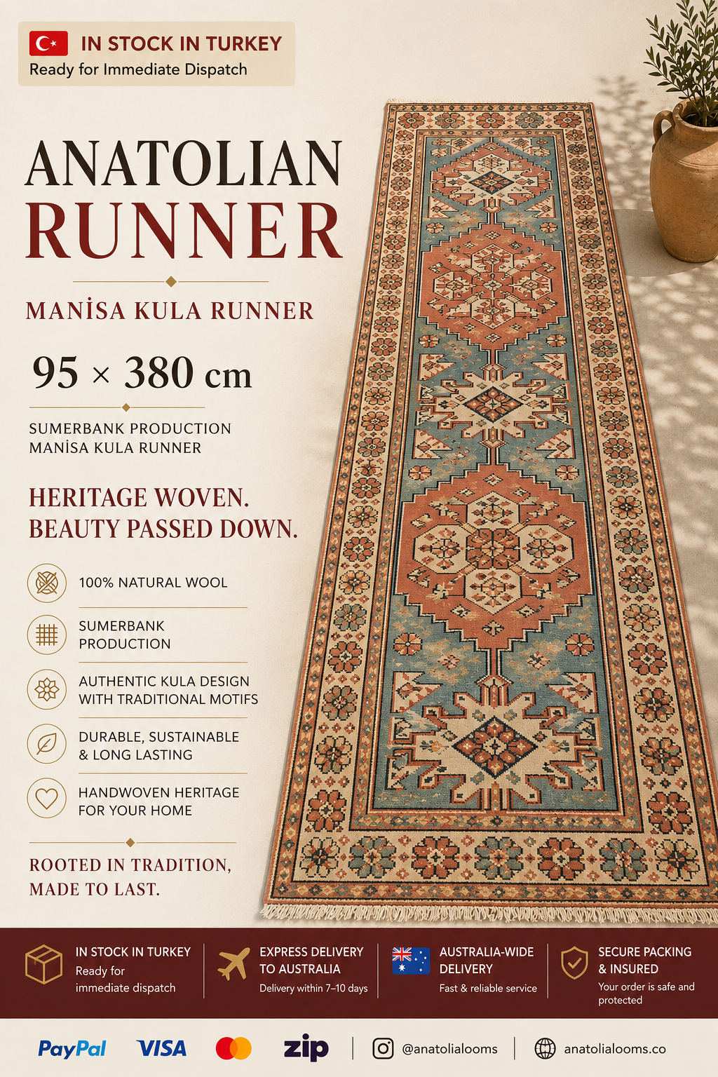 95 × 380 cm | Manisa Kula | Vintage Turkish Wool Runner