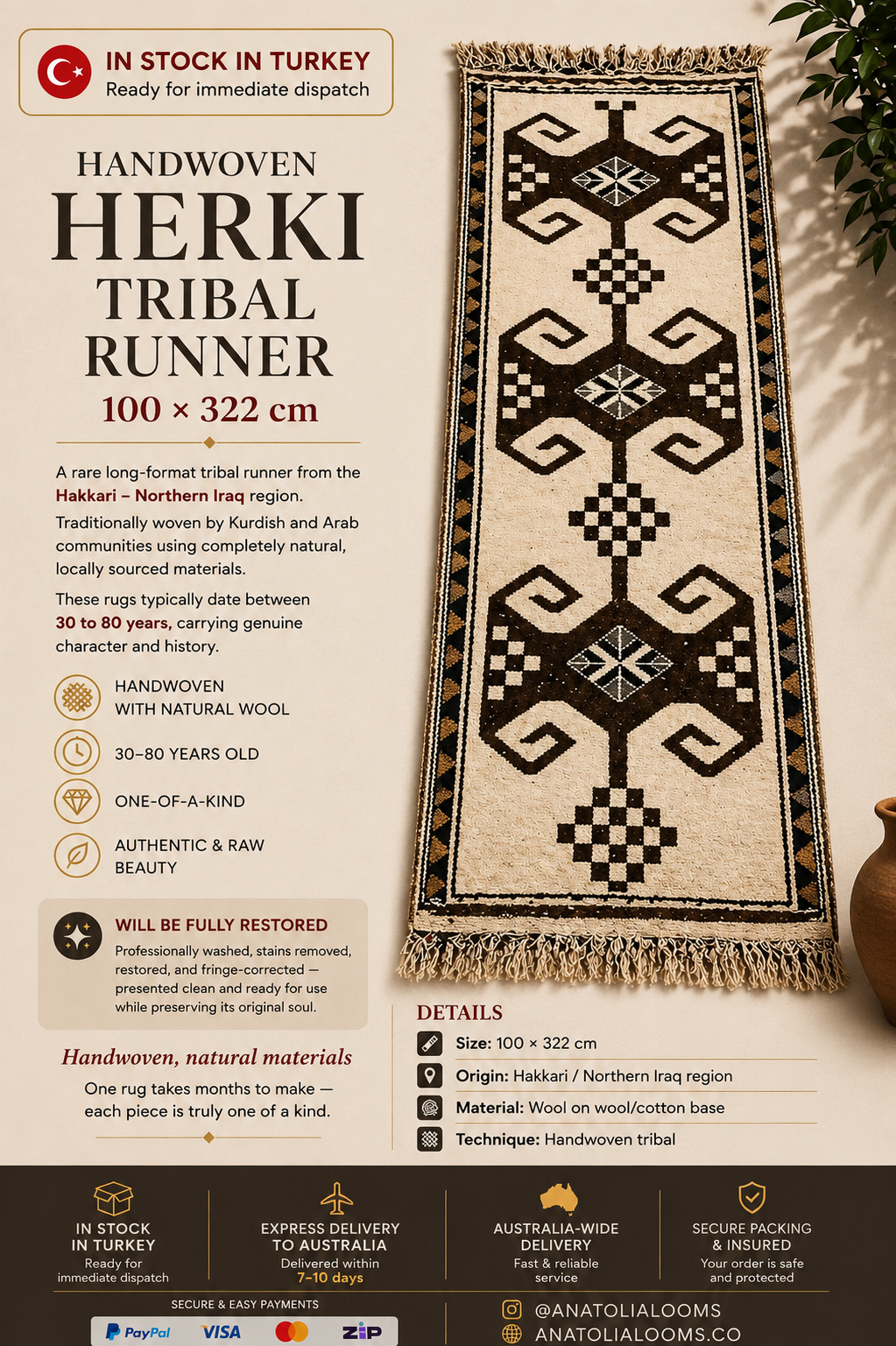 100 × 322 cm | Handmade Kurdish Tribal Runner