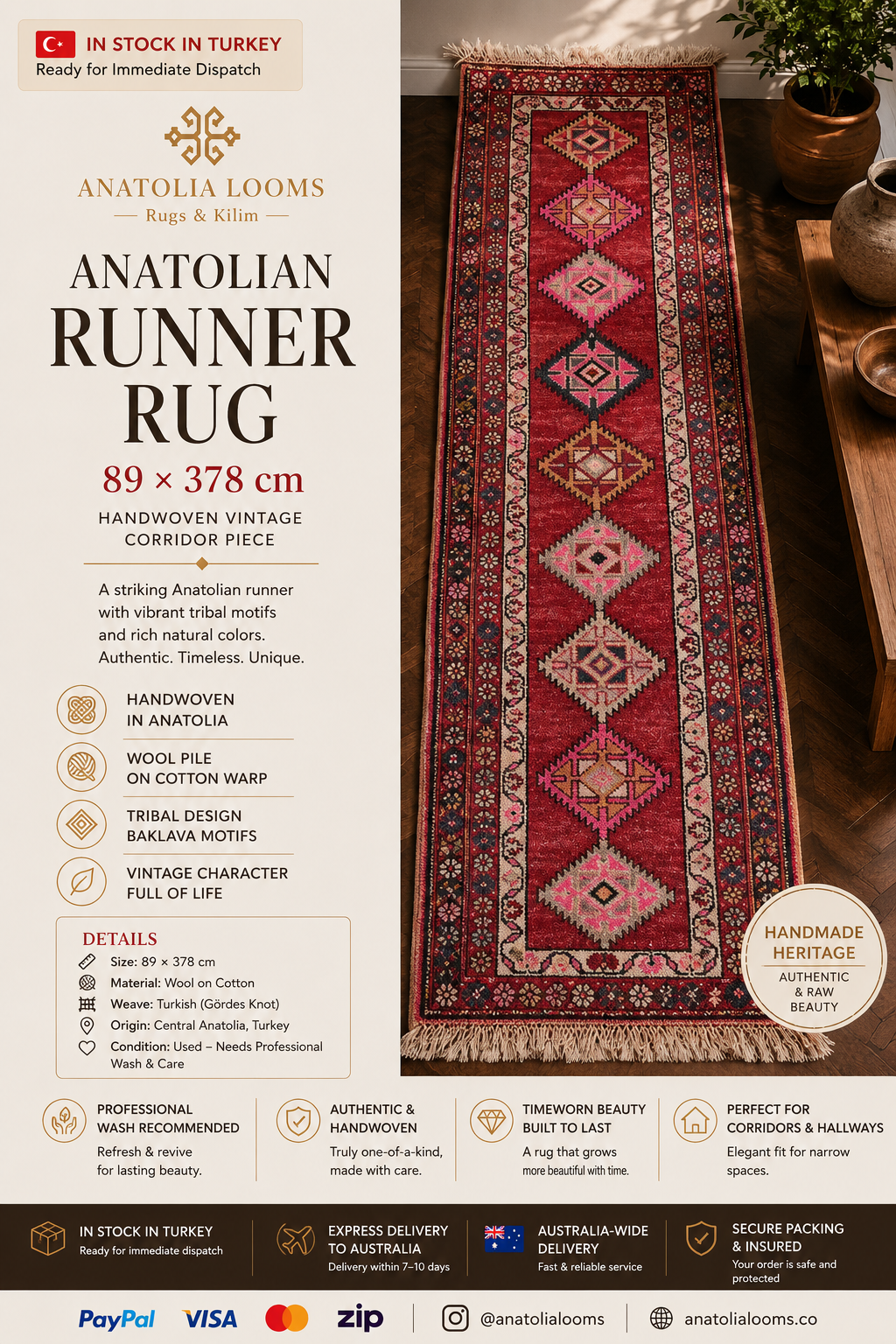 89 × 378 cm | Handmade Turkish Vintage Runner