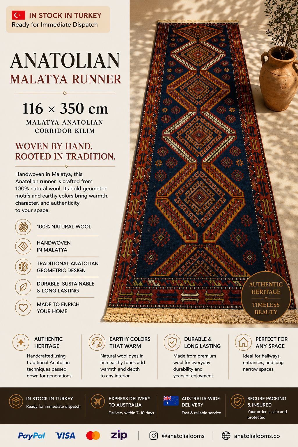 116 × 350 cm | Handmade Malatya Wool Runner