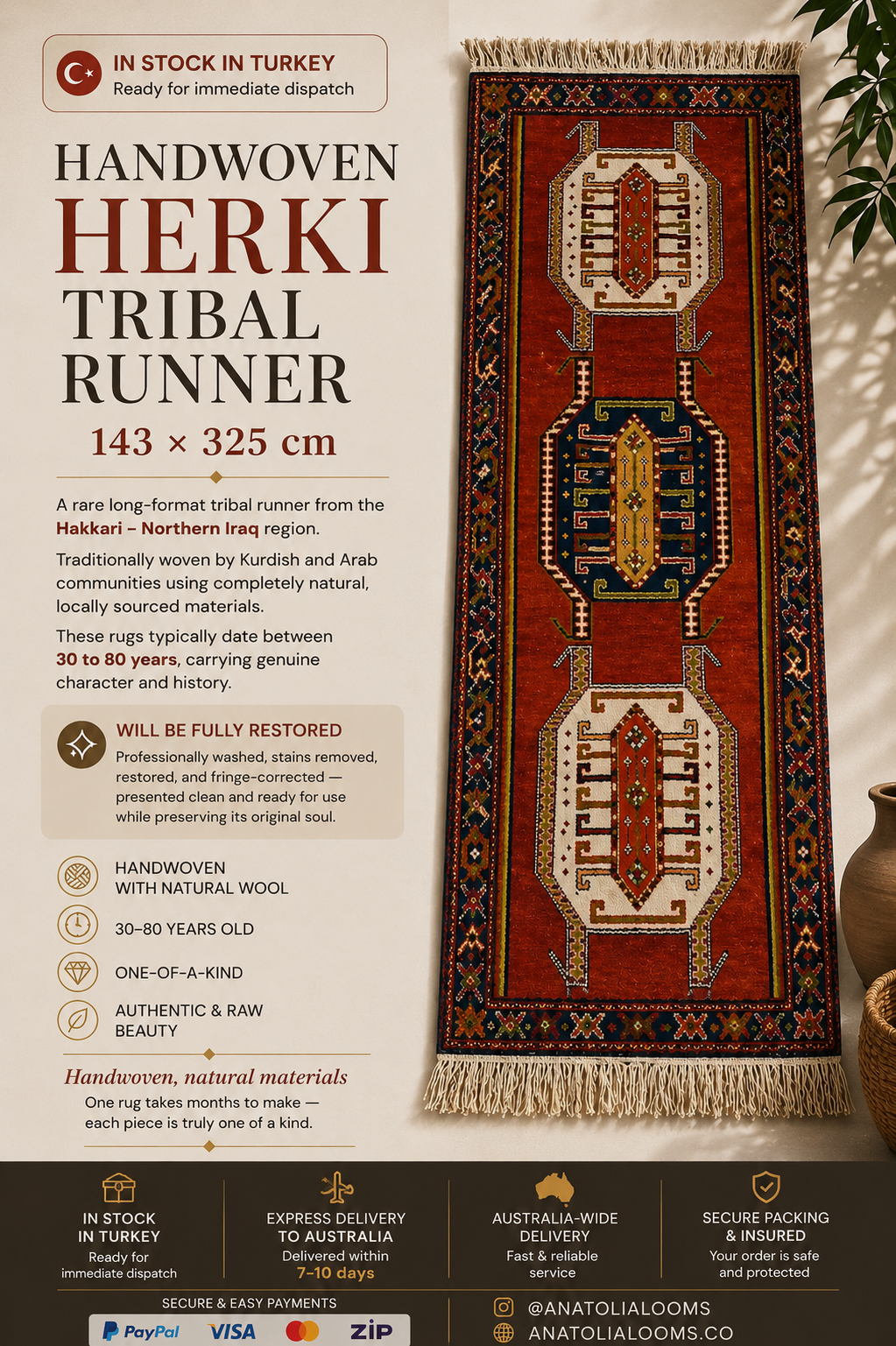 143 × 325 cm | Handmade Herki Tribal Runner