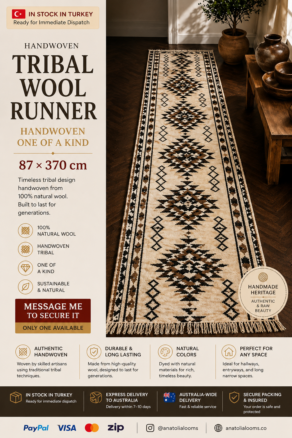 87 × 370 cm | Handmade Wool Tribal Runner