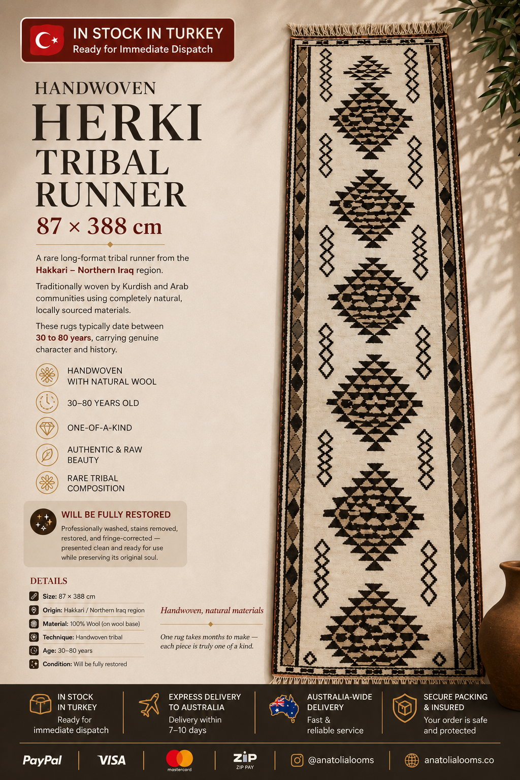 87 × 388 cm | Handmade Herki Tribal Runner