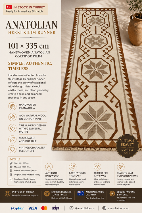 101 × 335 cm | Handmade Anatolian Herki Kilim