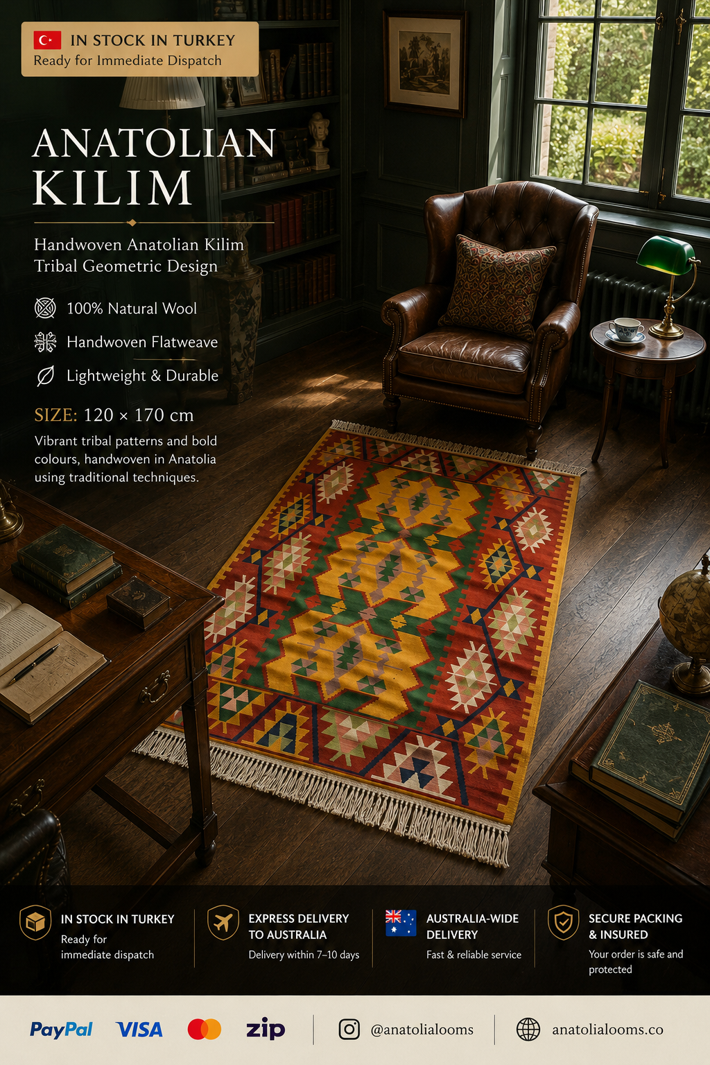 120 × 170 cm | Handmade Anatolian Wool Kilim