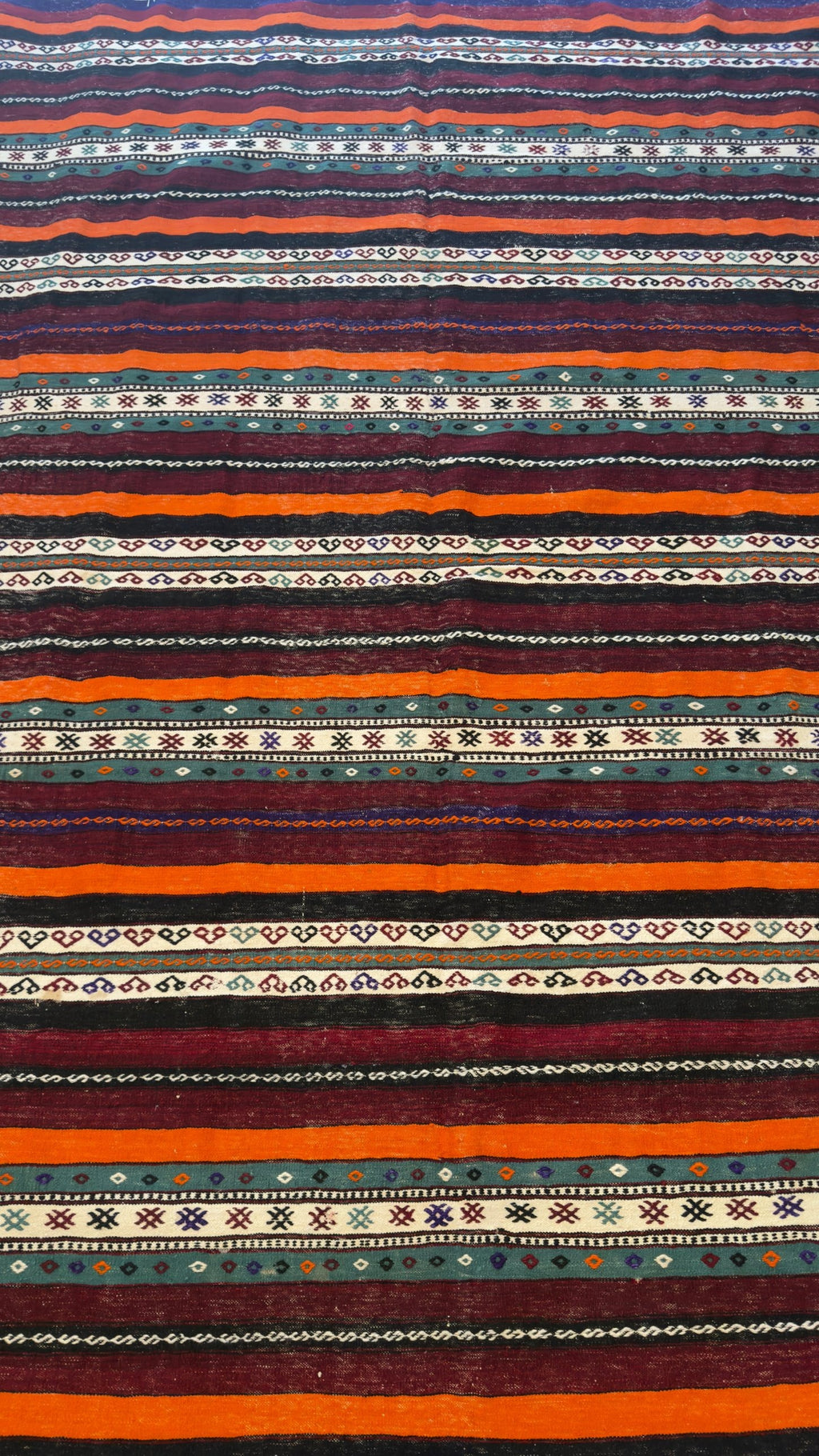 Vintage Balıkesir kilim, burgundy, orange and teal stripes