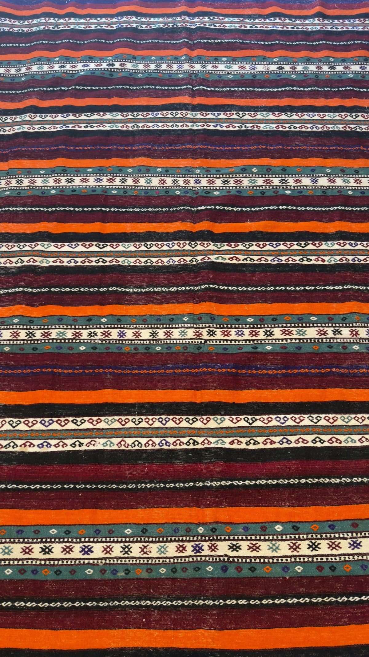 Vintage Balıkesir kilim, burgundy, orange and teal stripes