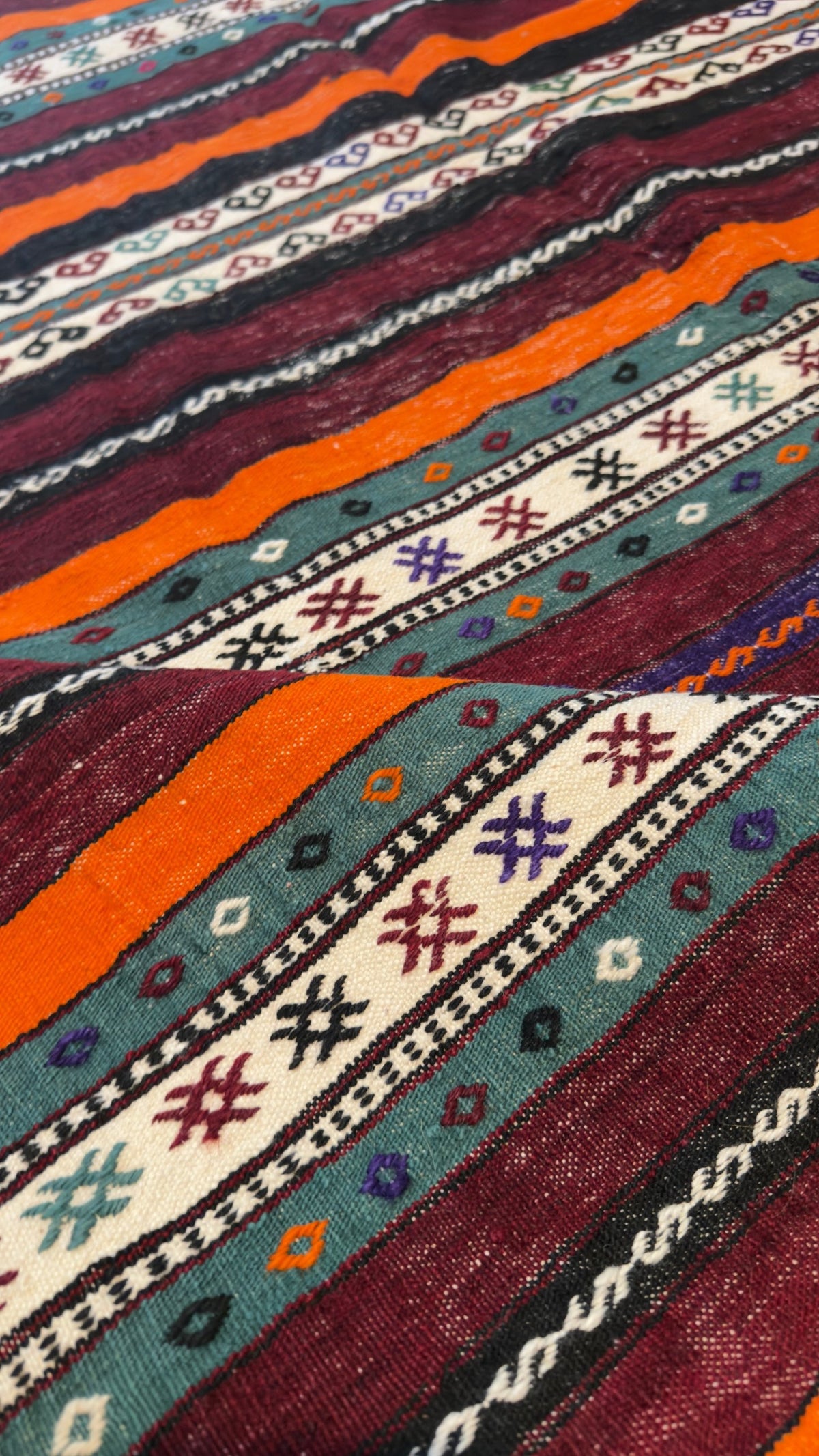 Vintage Balıkesir kilim, striped bands with brocaded motifs