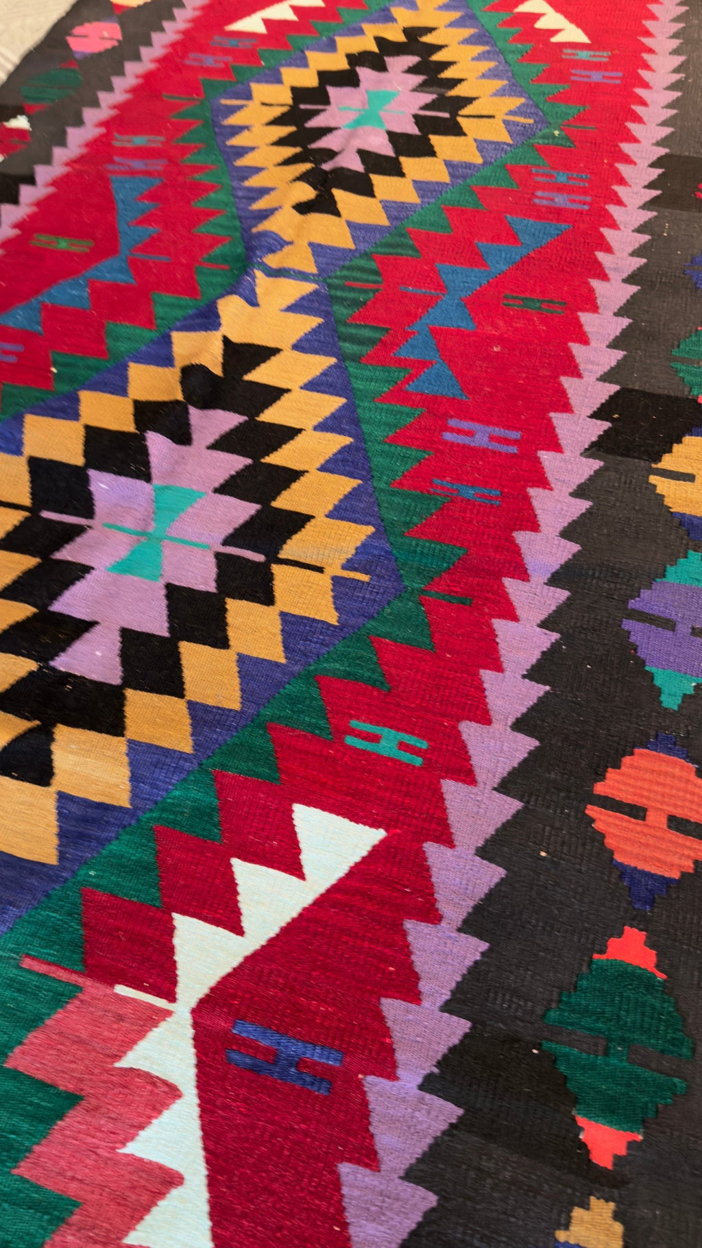 Vintage Kayseri kilim wide runner, diamond medallion close-up