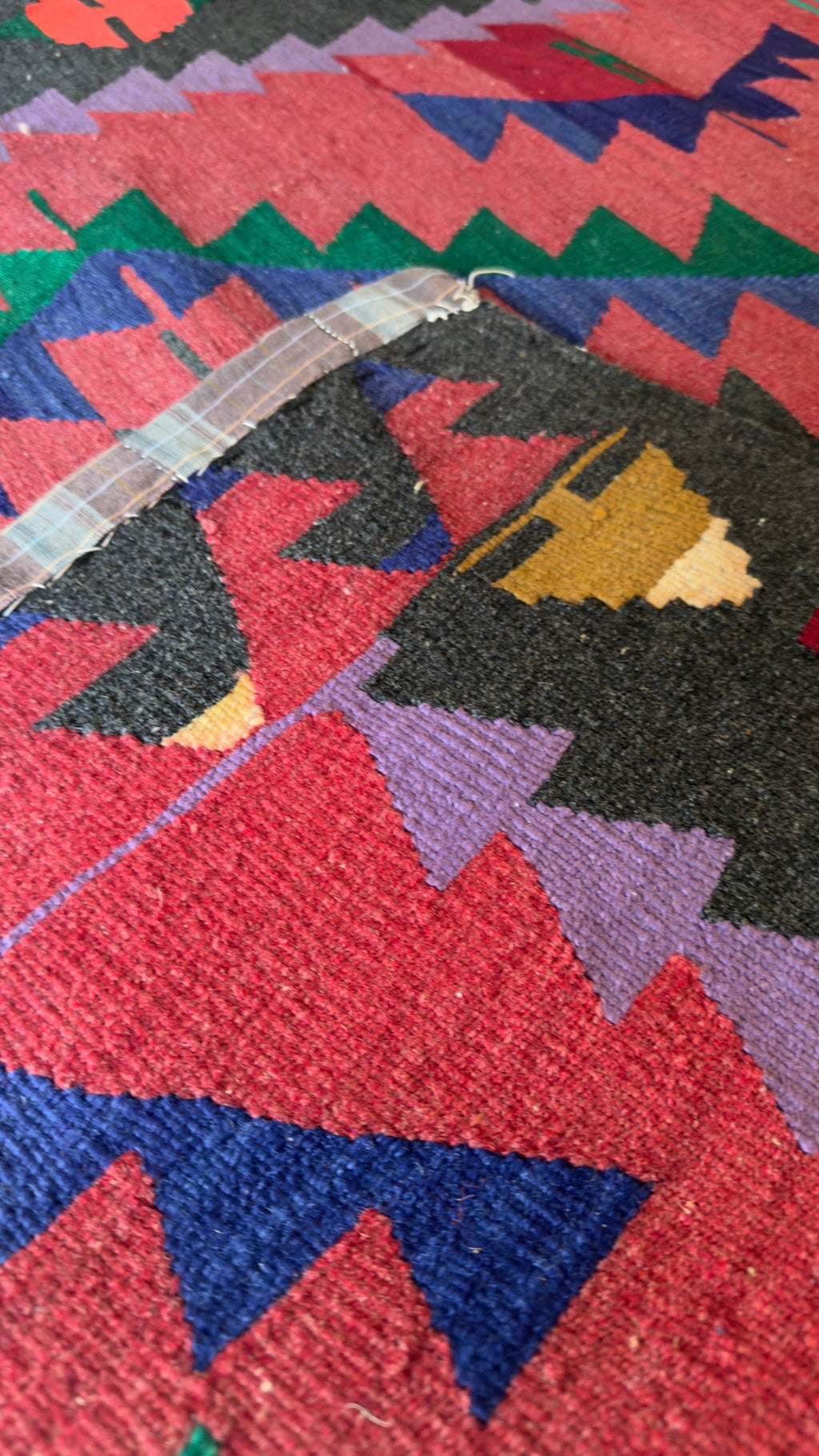 Vintage Kayseri kilim wide runner, charcoal border detail