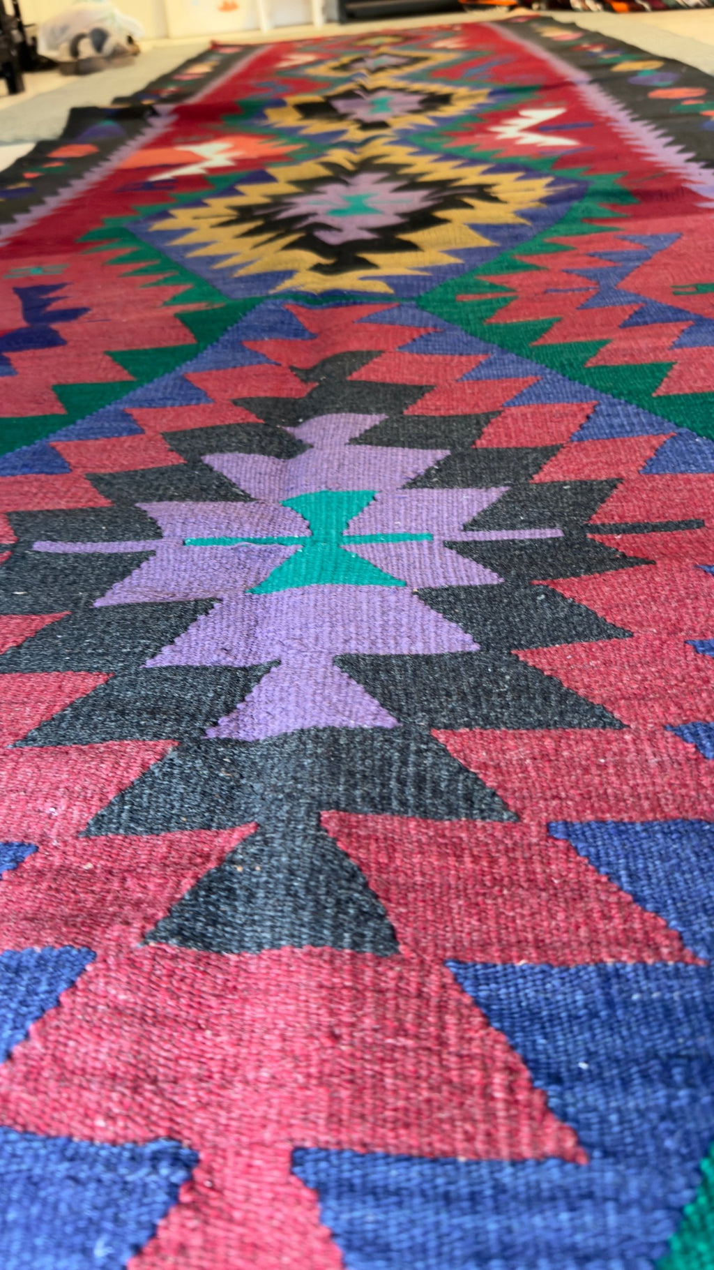 Vintage Kayseri kilim wide runner, lilac and turquoise motif